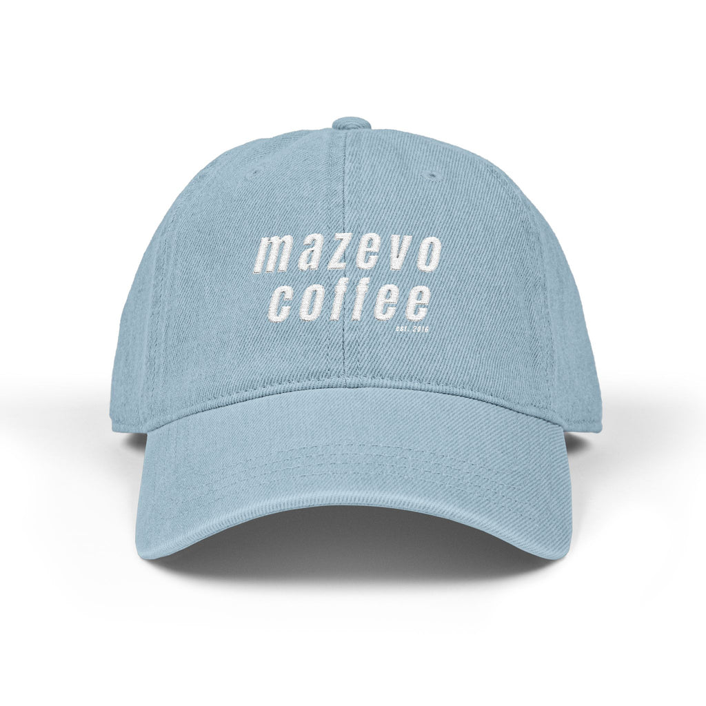 Denim Baseball Cap — "mazevo coffee" Embroidered Light Blue Hat