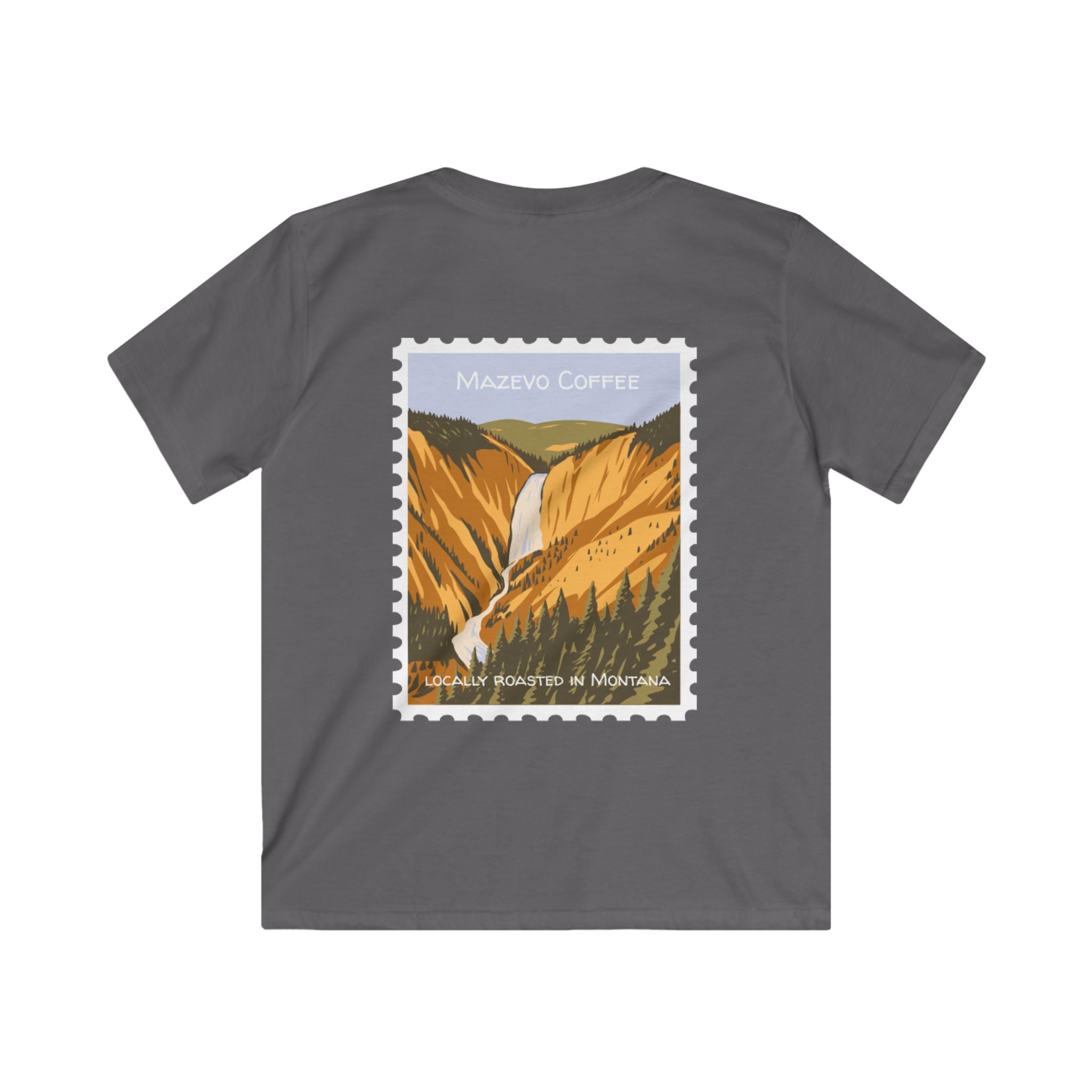 Kids Tee — Mazevo Coffee Yellowstone Stamp Design (Mountain Waterfall Travel Graphic)