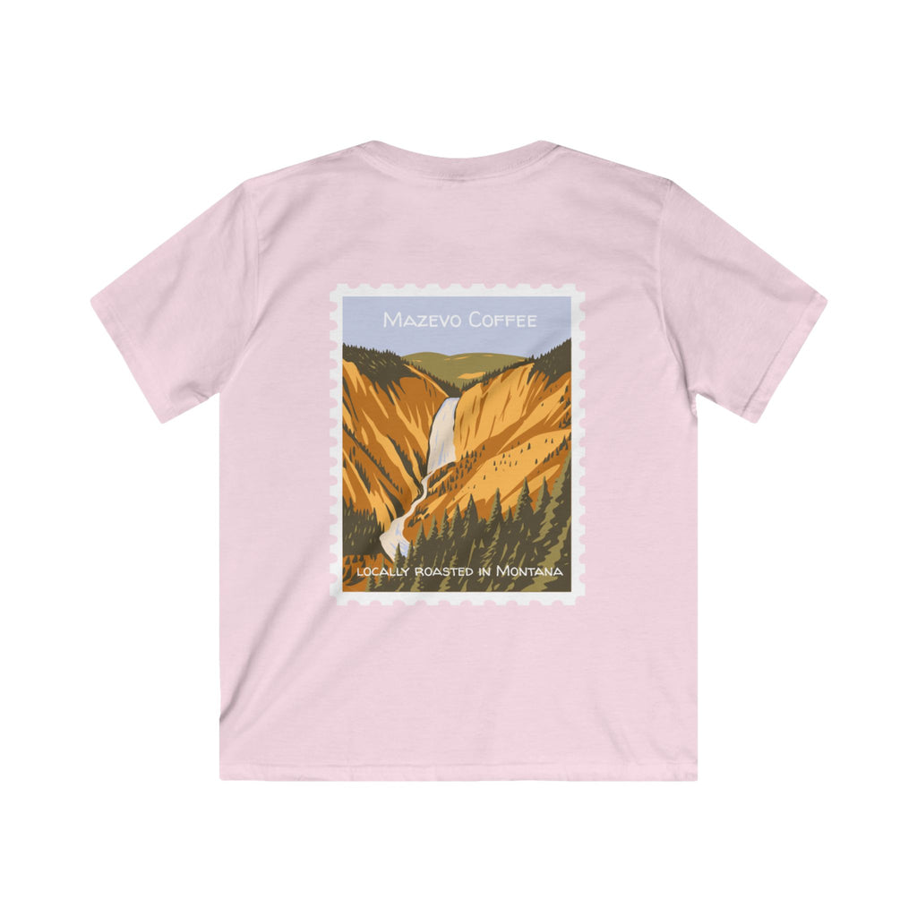 Kids Tee — Mazevo Coffee Yellowstone Stamp Design (Mountain Waterfall Travel Graphic)