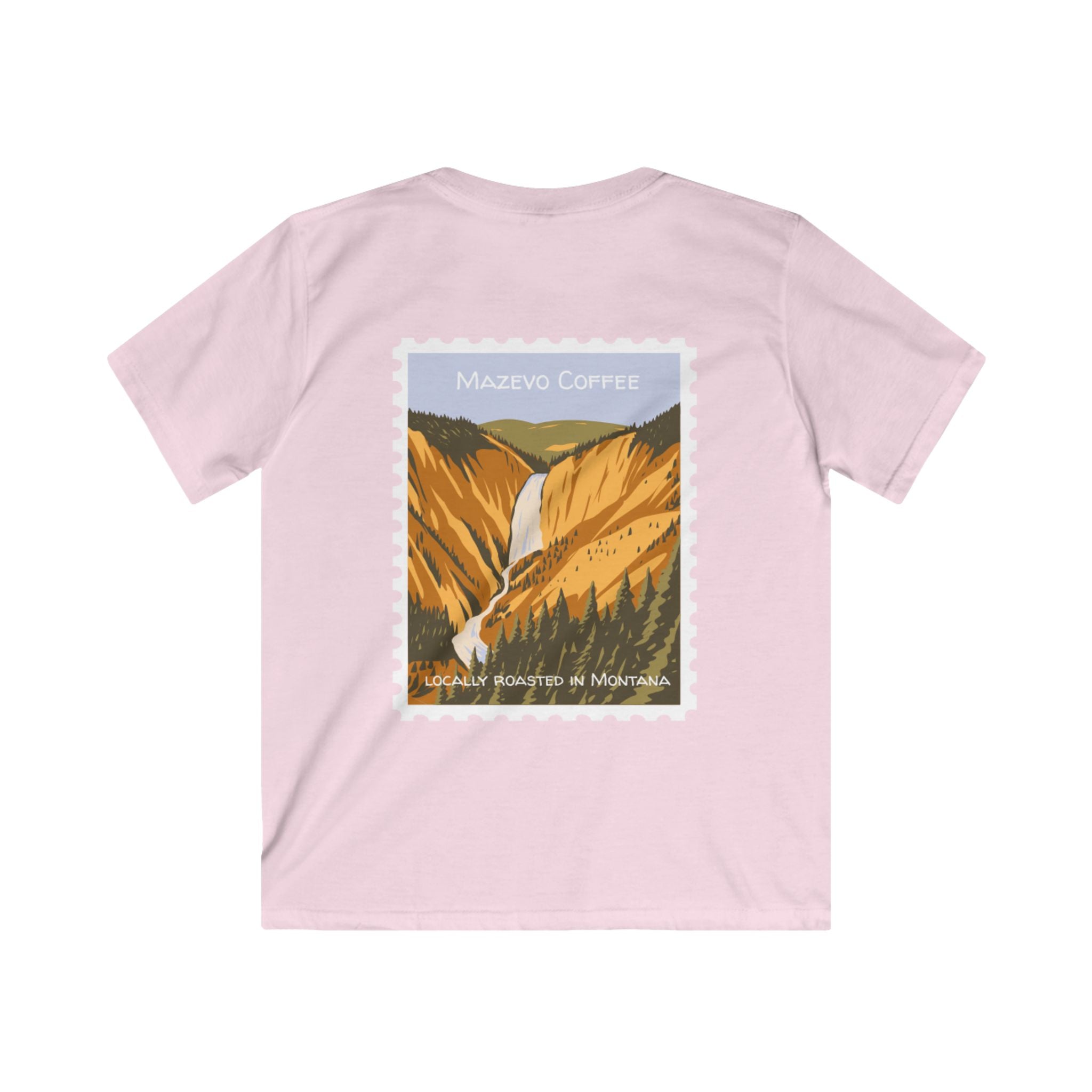 Kids Tee — Mazevo Coffee Yellowstone Stamp Design (Mountain Waterfall Travel Graphic)