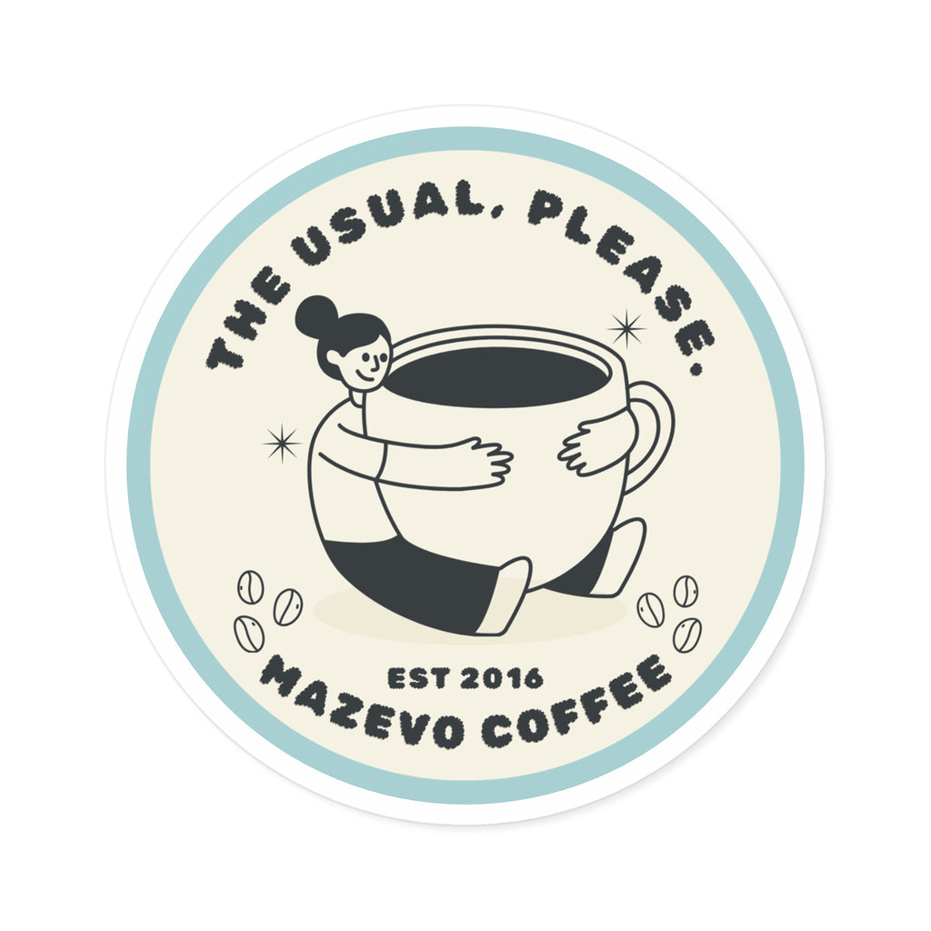 Coffee Logo Round Sticker — “The Usual, Please” Mazevo Coffee Indoor/Outdoor Sticker