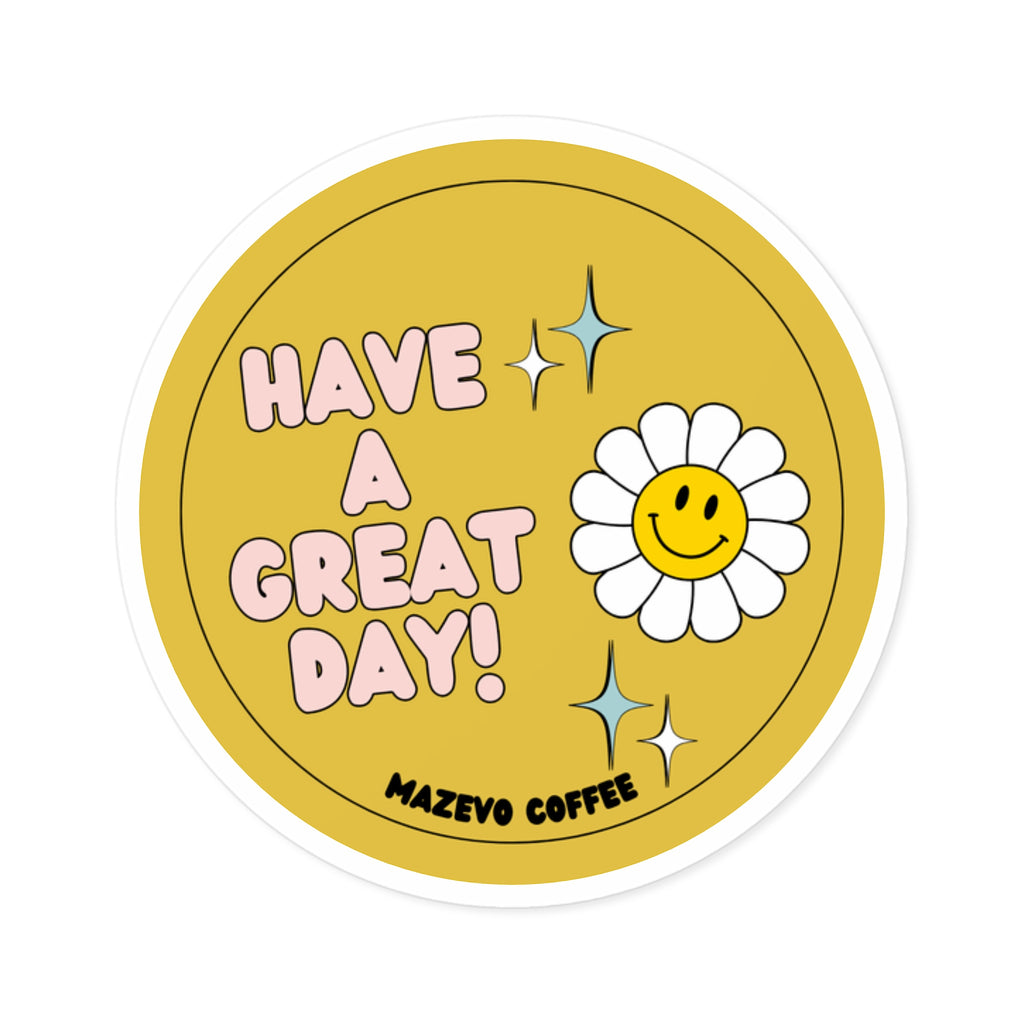 Have a Great Day! Daisy Smile Round Sticker — Retro Happy Vibes for Laptops, Water Bottles & Gifts