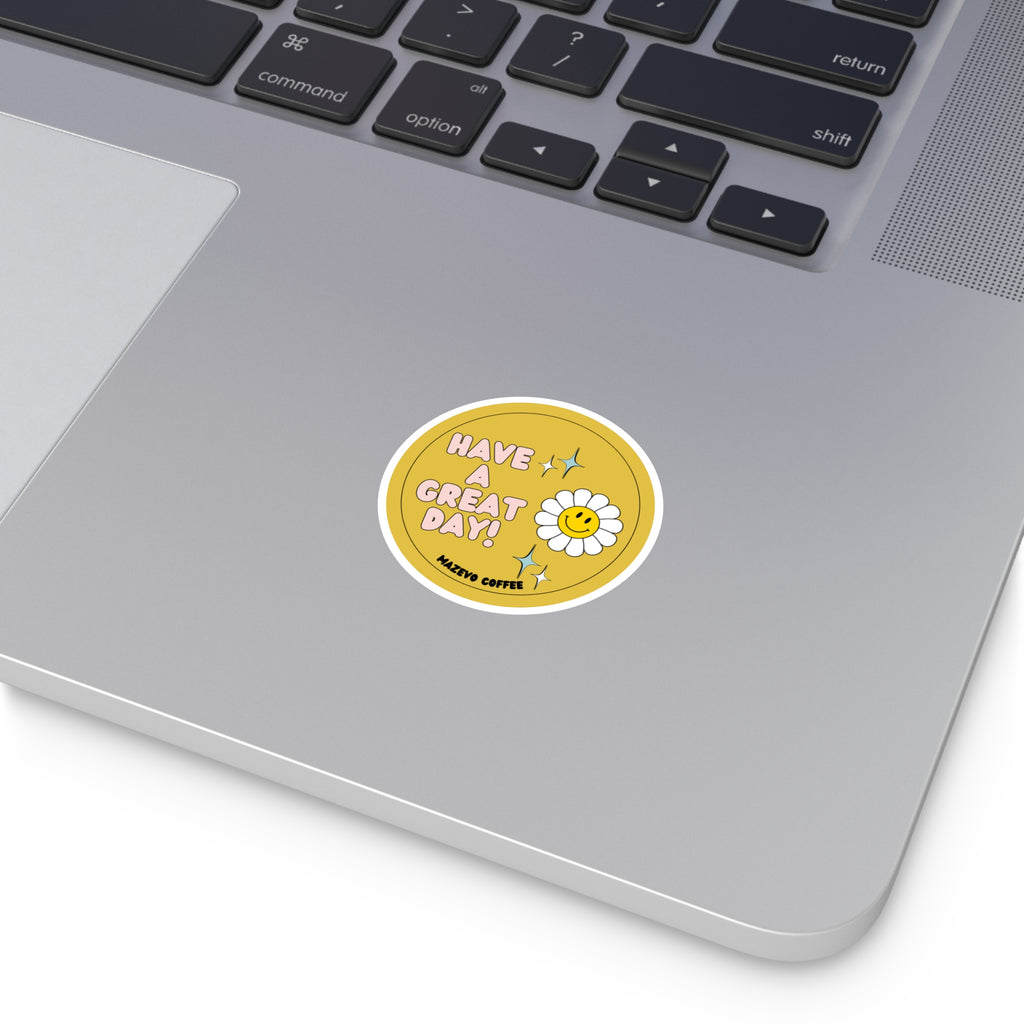 Have a Great Day! Daisy Smile Round Sticker — Retro Happy Vibes for Laptops, Water Bottles & Gifts