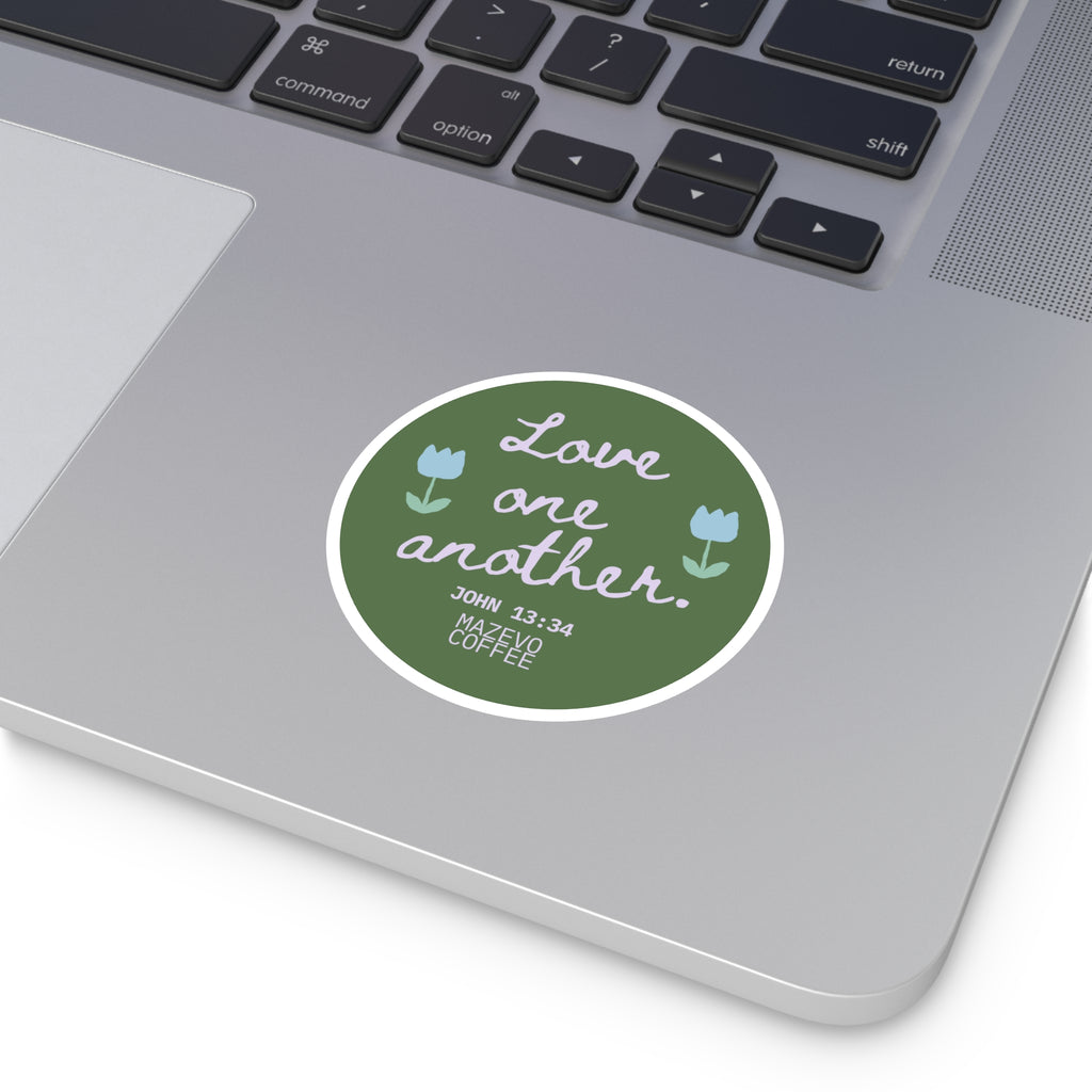 Round Sticker — "Love One Another" Floral Christian Verse (John 13:34)