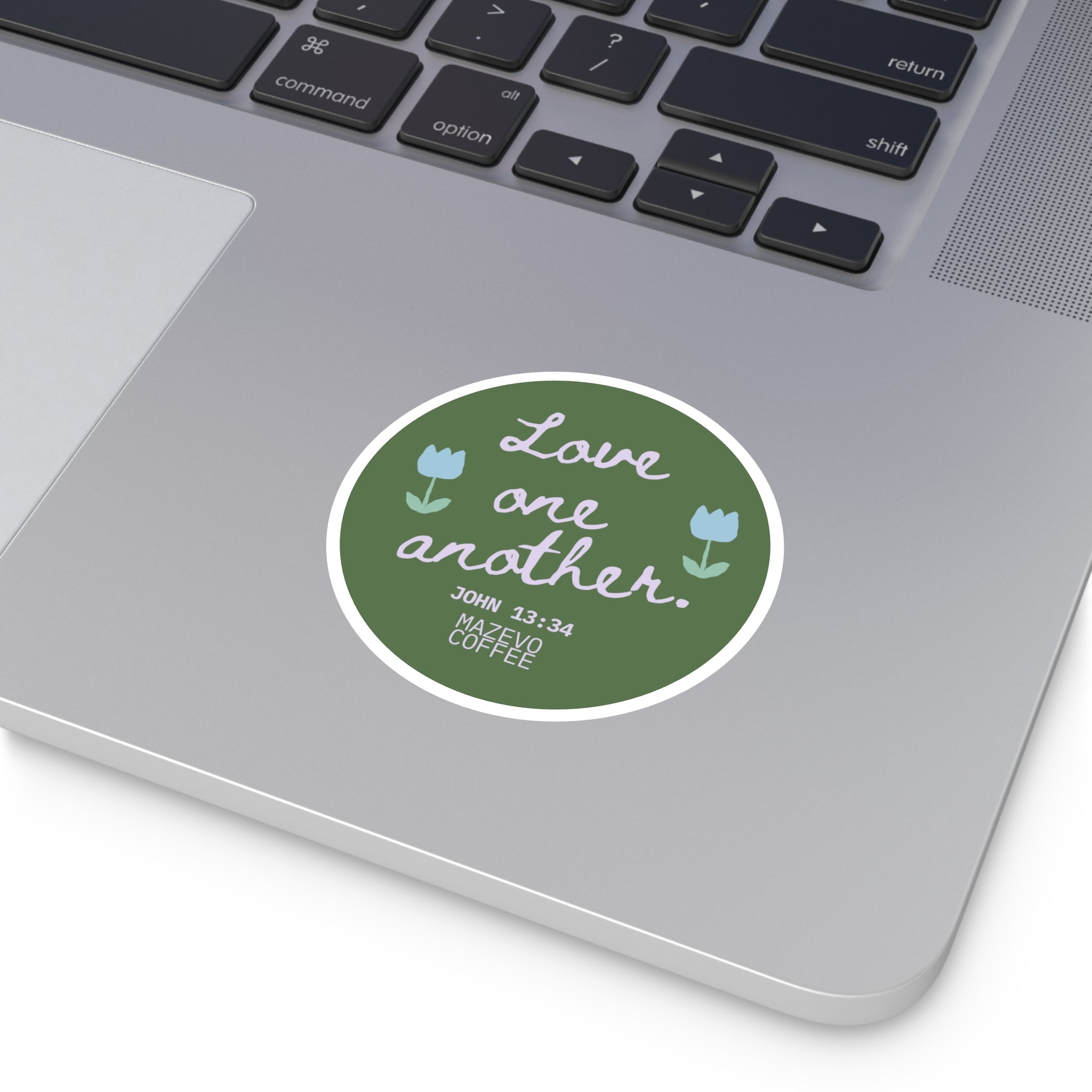 Round Sticker — "Love One Another" Floral Christian Verse (John 13:34)