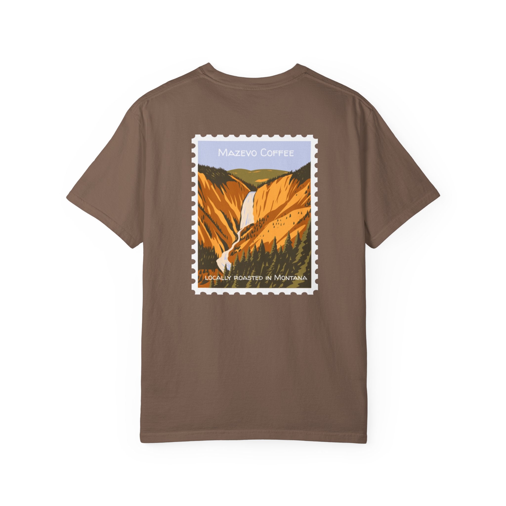 T-Shirt — Mazveo Coffee Stamp Graphic Tee (Back Landscape, Front Logo)