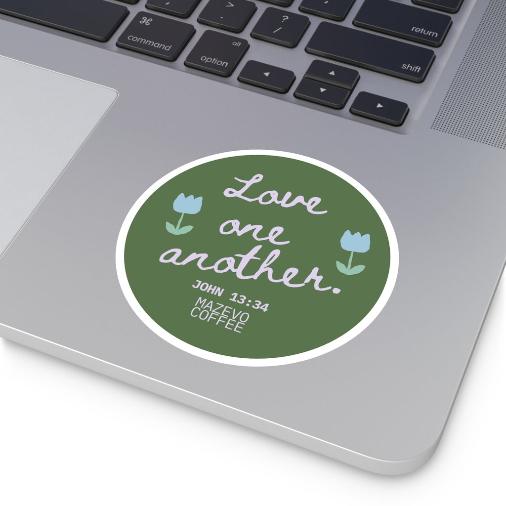 Round Sticker — "Love One Another" Floral Christian Verse (John 13:34)
