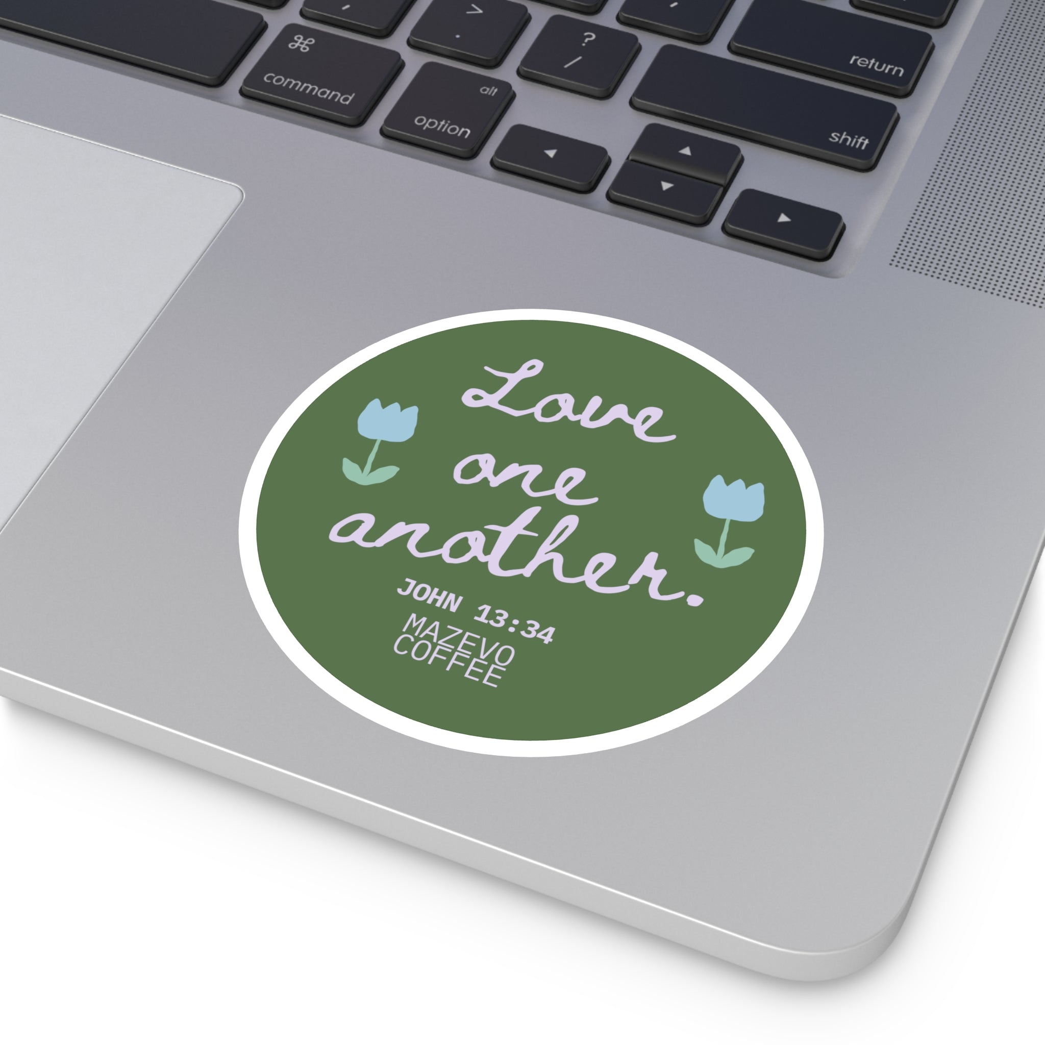 Round Sticker — "Love One Another" Floral Christian Verse (John 13:34)