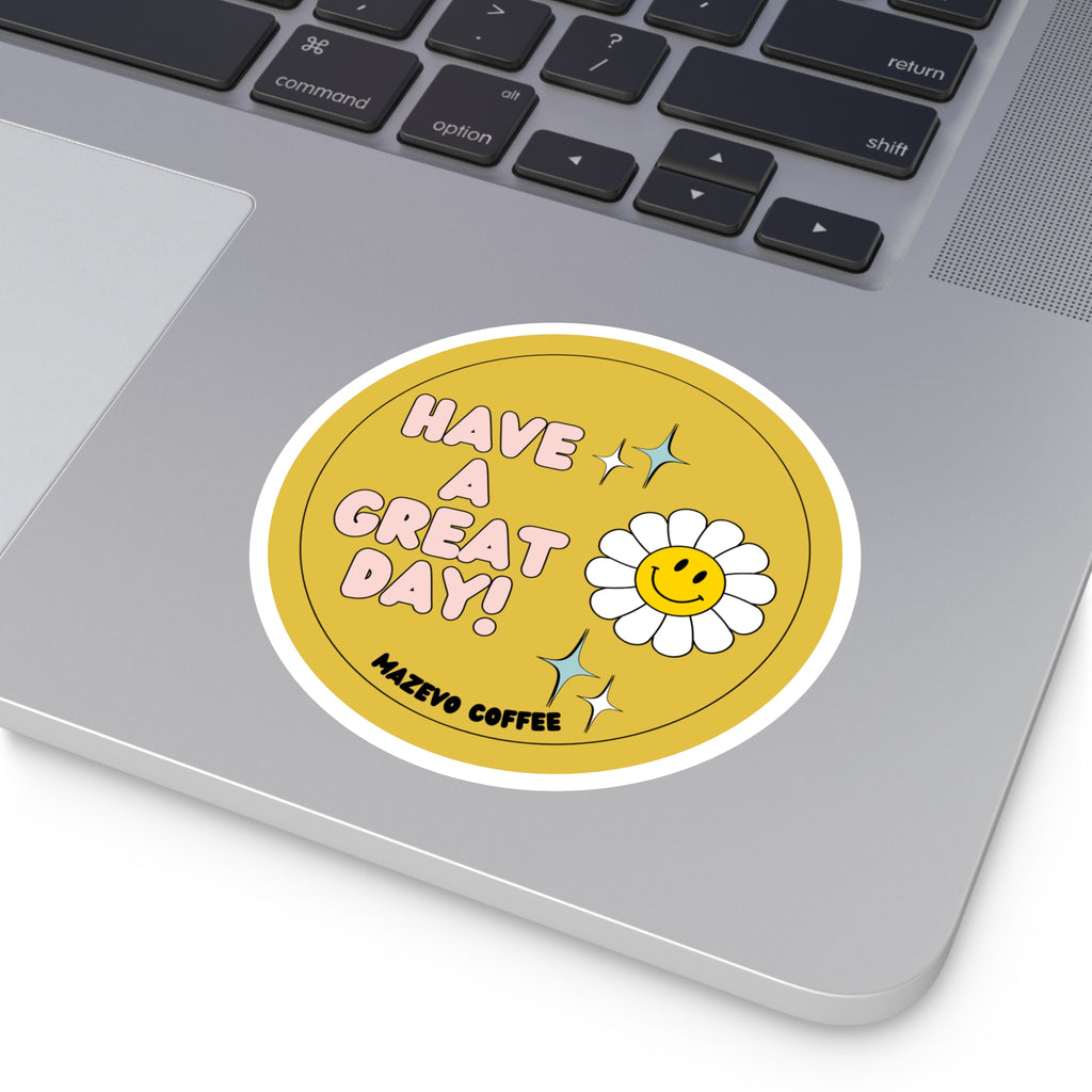Have a Great Day! Daisy Smile Round Sticker — Retro Happy Vibes for Laptops, Water Bottles & Gifts