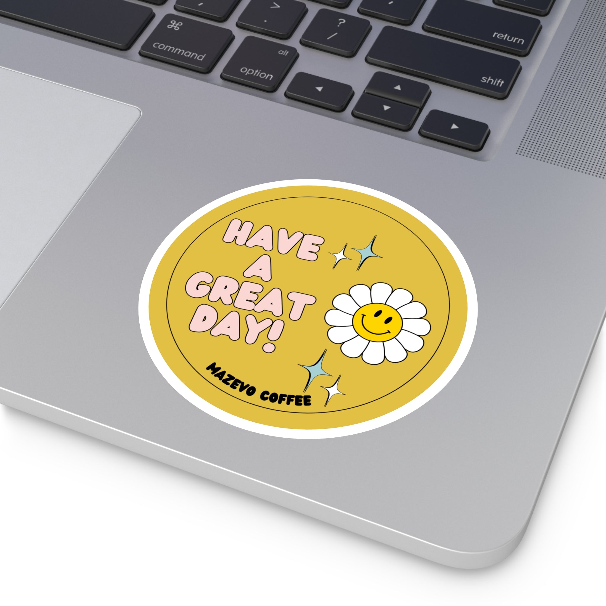 Have a Great Day! Daisy Smile Round Sticker — Retro Happy Vibes for Laptops, Water Bottles & Gifts