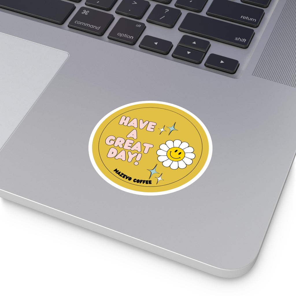 Have a Great Day! Daisy Smile Round Sticker — Retro Happy Vibes for Laptops, Water Bottles & Gifts