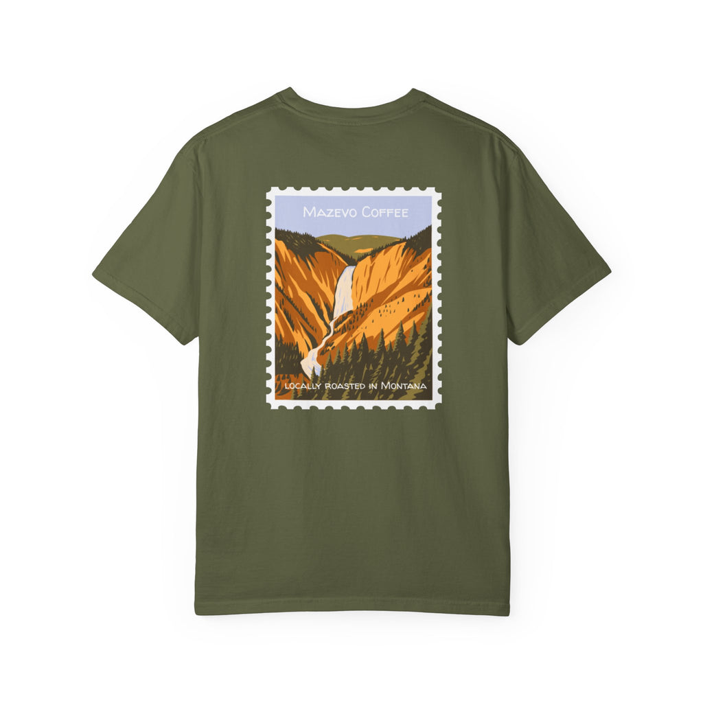 T-Shirt — Mazveo Coffee Stamp Graphic Tee (Back Landscape, Front Logo)