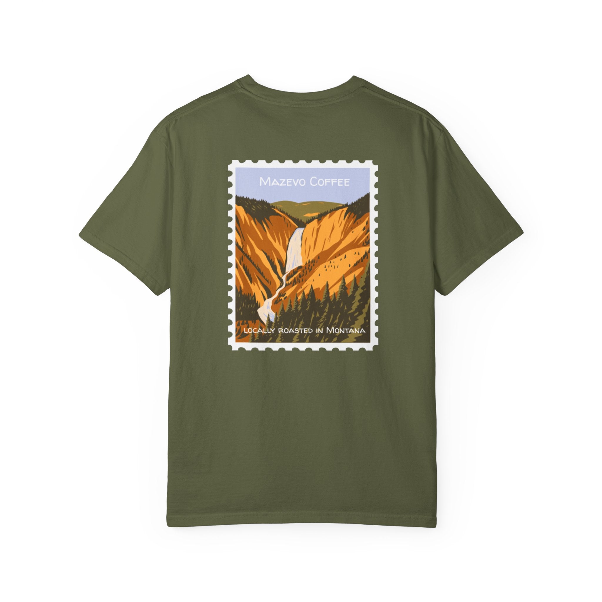 T-Shirt — Mazveo Coffee Stamp Graphic Tee (Back Landscape, Front Logo)