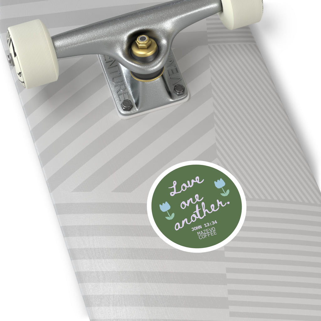 Round Sticker — "Love One Another" Floral Christian Verse (John 13:34)