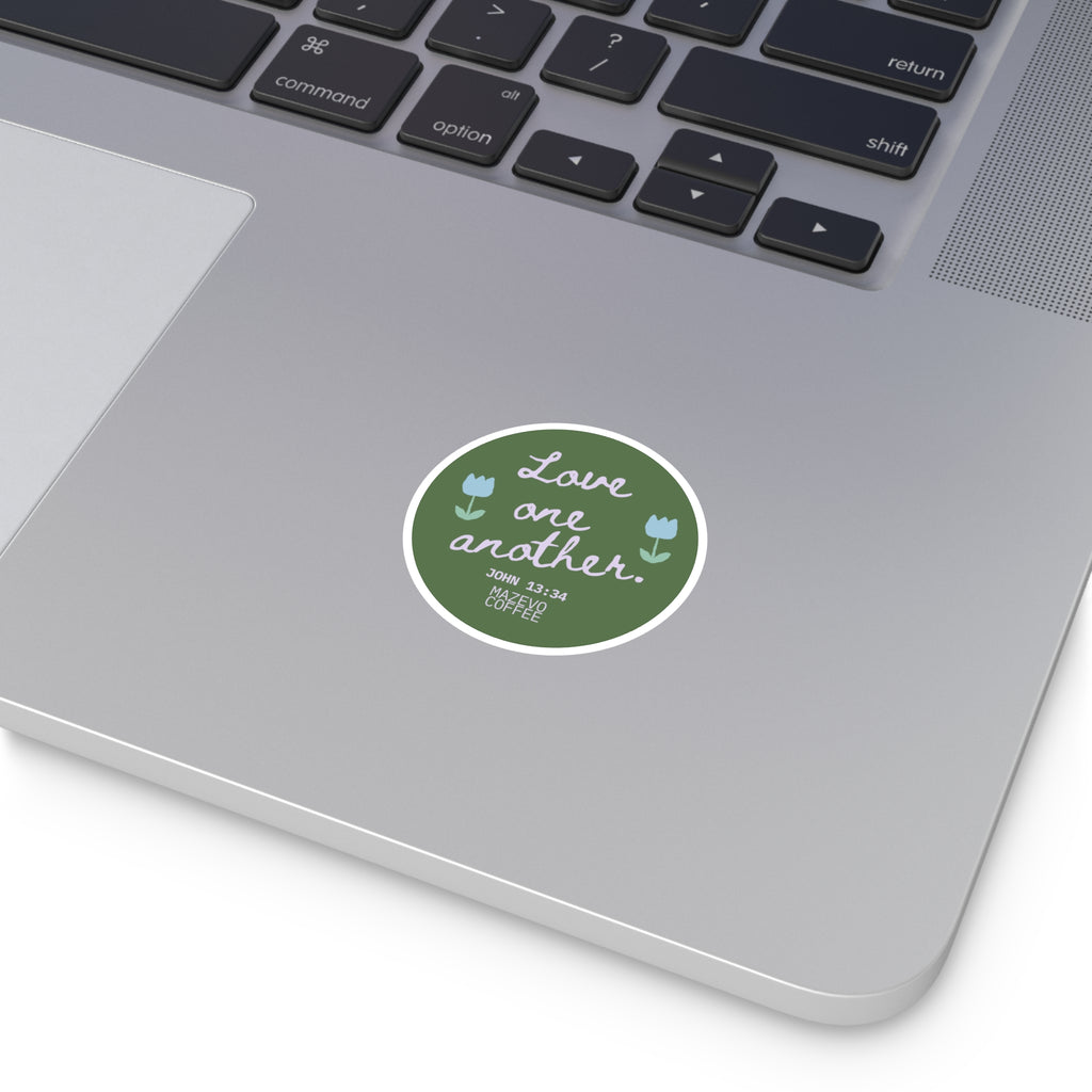 Round Sticker — "Love One Another" Floral Christian Verse (John 13:34)