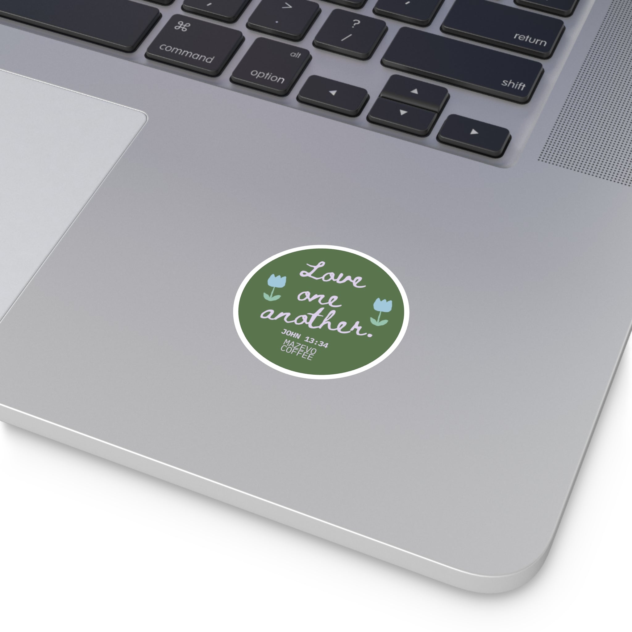 Round Sticker — "Love One Another" Floral Christian Verse (John 13:34)
