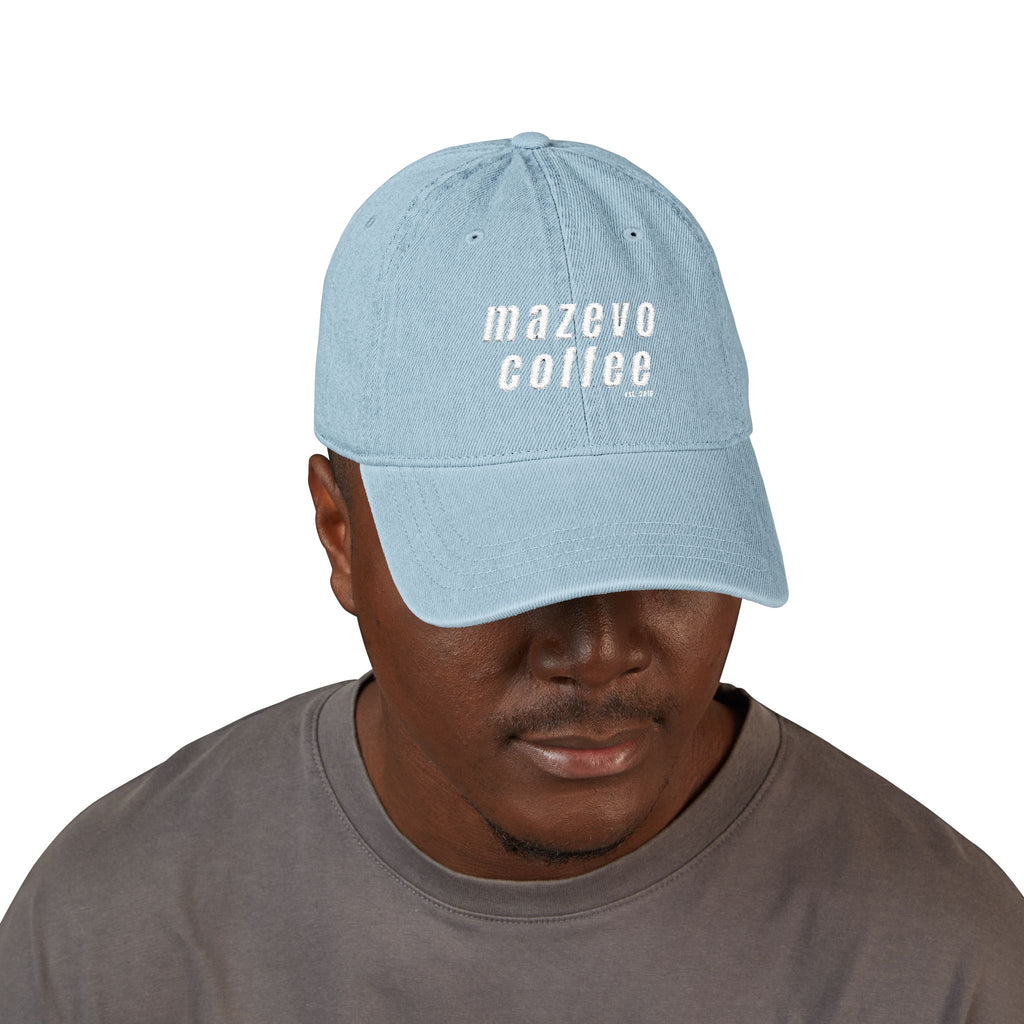 Denim Baseball Cap — "mazevo coffee" Embroidered Light Blue Hat