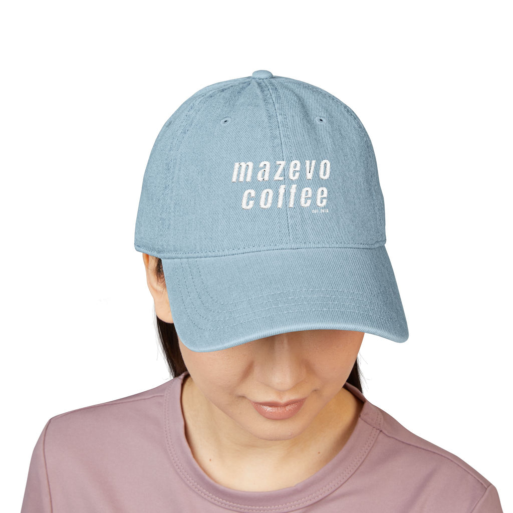 Denim Baseball Cap — "mazevo coffee" Embroidered Light Blue Hat